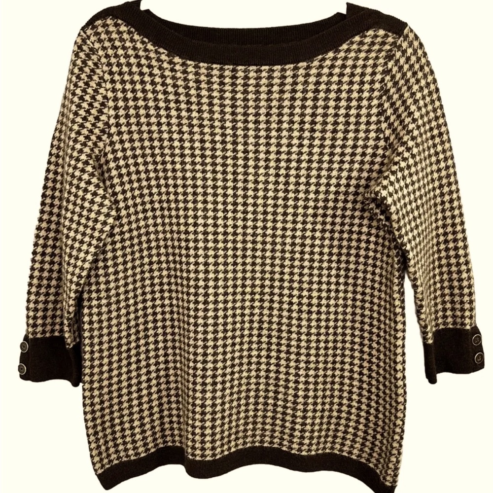 Talbots Merino Wool XL Brown and Beige Houndstooth Boatneck 3/4 sleeve Sweater